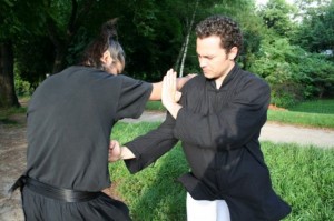 Pak Sao (poussée de la main) en wing chun kung fu, contre attaque en coup de poing bas simultanée avec la défense sur attaque en coup de poing directe de l'adversaire